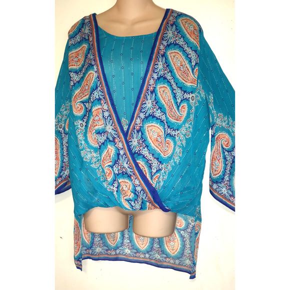 Chicos Caftan Sheer Top Womens Large Turquoise Beaded Boho Flowy Hi Low Shimmery - Picture 2 of 16